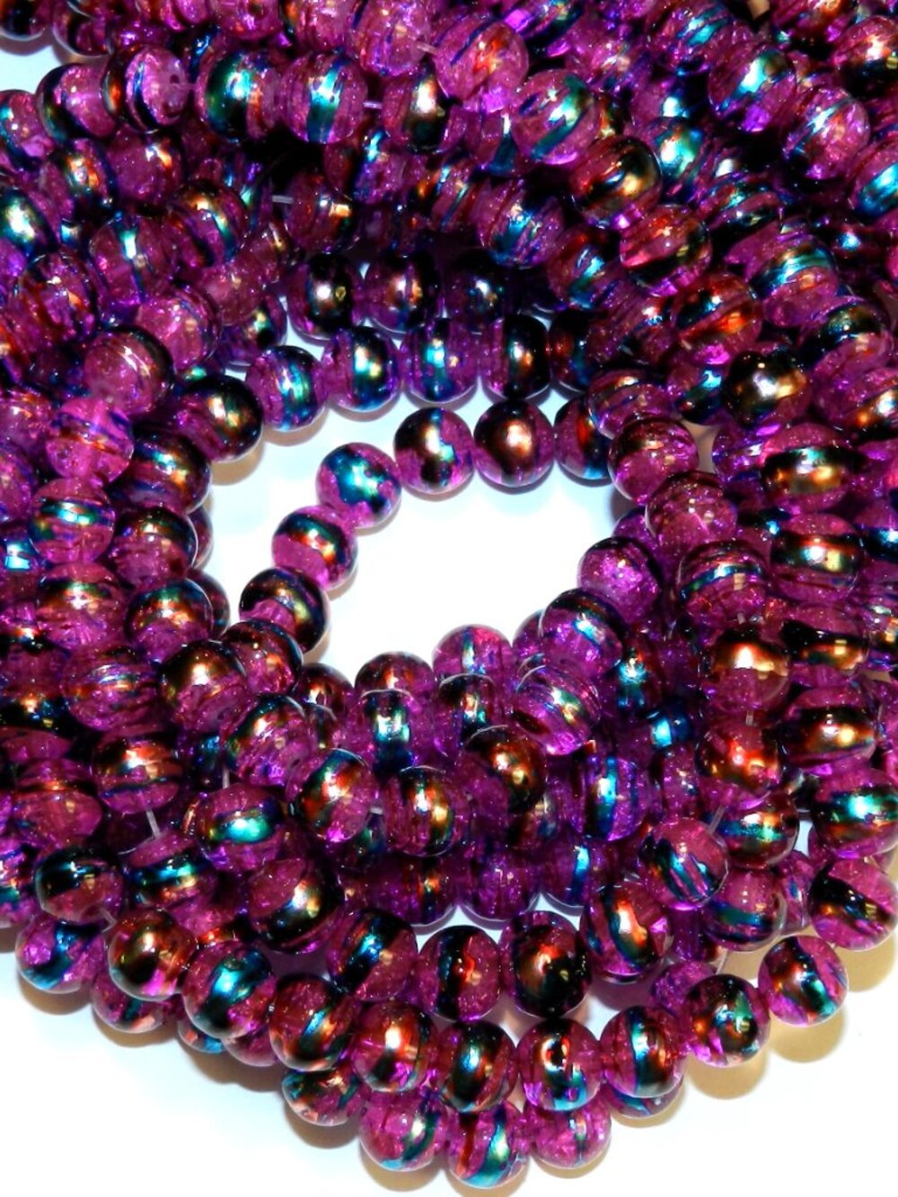 Fuchsia Pink 8mm Round Metallic Drawbench Swirl Crackle Glass Beads 32" G1731 - Picture 3 of 5